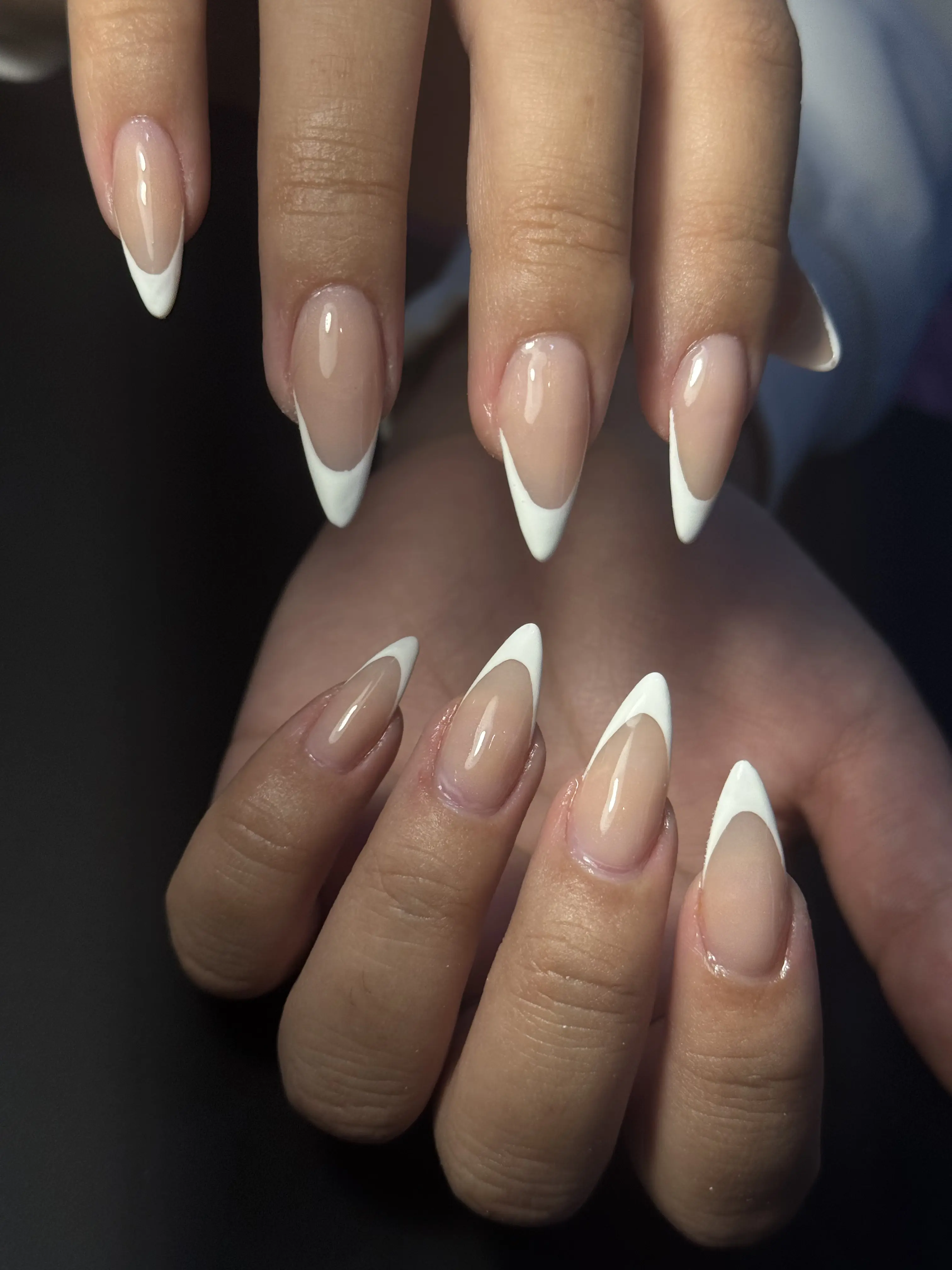 Pink heart nail art on short almond nails